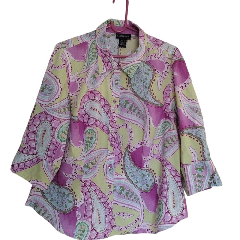 Lane Bryant Blouse Women's 14/16 Multicolor Paisley Button Down 3/4 Sleeve Tunic